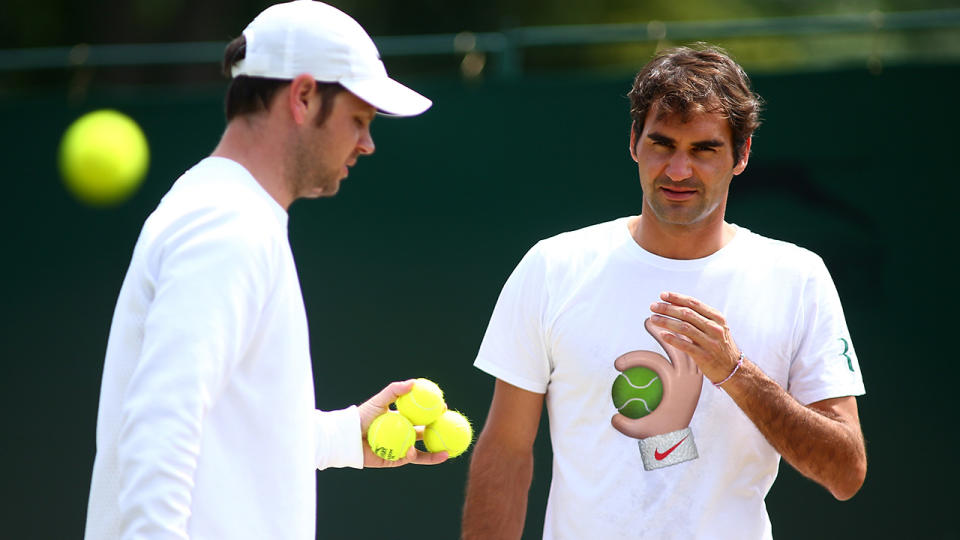 LONDON, ENGLAND – JULY 07: Roger Federer of Switzerland and his trainer Severin Luthi look on during practice on day ten of the Wimbledon Lawn Tennis Championships at the All England Lawn Tennis and Croquet Club on July 7, 2016 in London, England. (Photo by Jordan Mansfield/Getty Images)