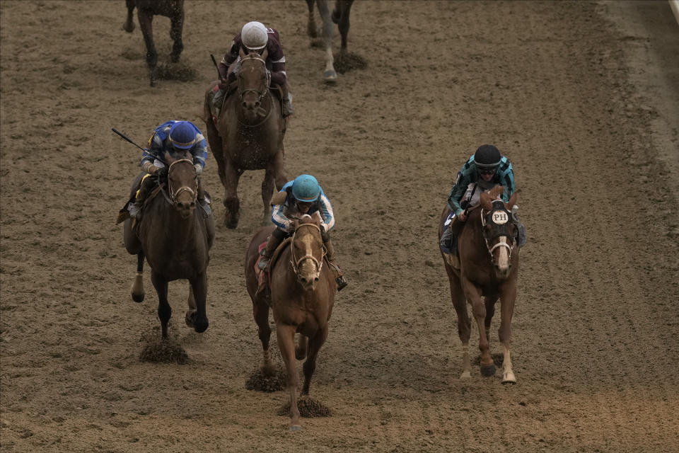 Mage (8), with Javier Castellano aboard, wins the 149th running of the Kentucky Derby horse race at Churchill Downs Saturday, May 6, 2023, in Louisville, Ky. (AP Photo/Charlie Riedel)