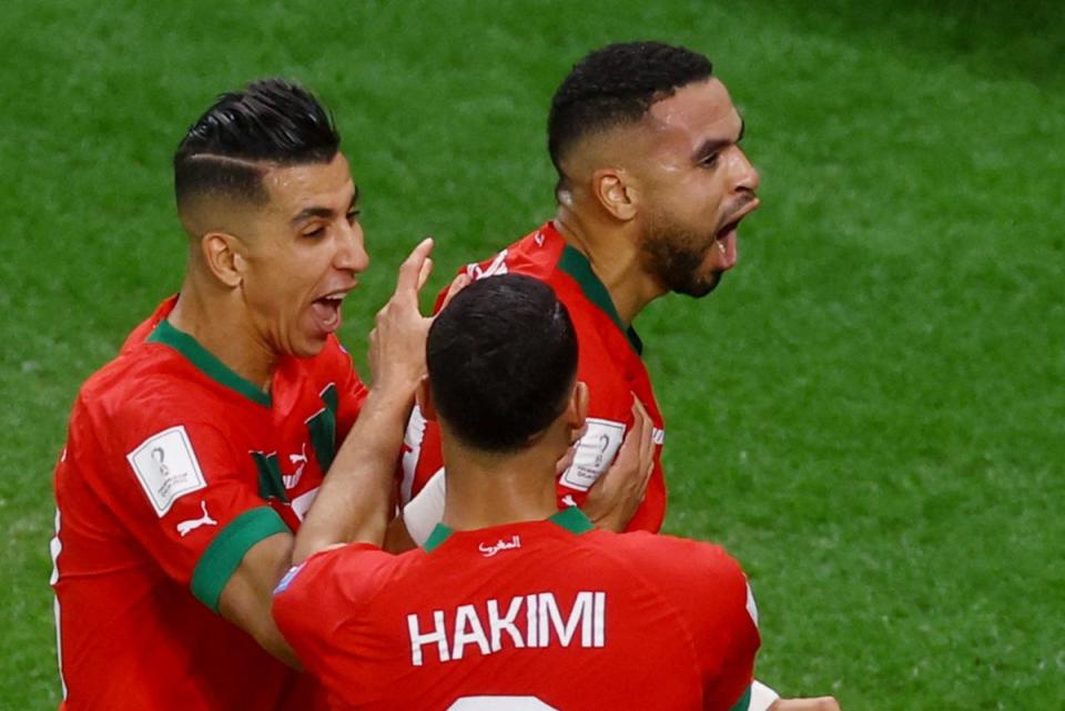 History made: Youssef En-Nesyri celebrates his famous winning goal for Morocco in Qatar  (REUTERS)