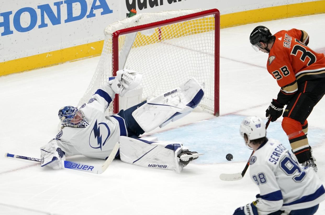 Ducks center Derek Grant scores against Lightning goalie Andrei Vasilevskiy on Jan. 21.