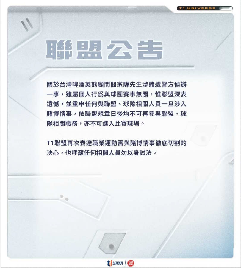 T1職籃發出公告，表示未來均不可再參與聯盟、球隊相關職務，亦不可進入比賽球場。（圖／T1聯盟提供）