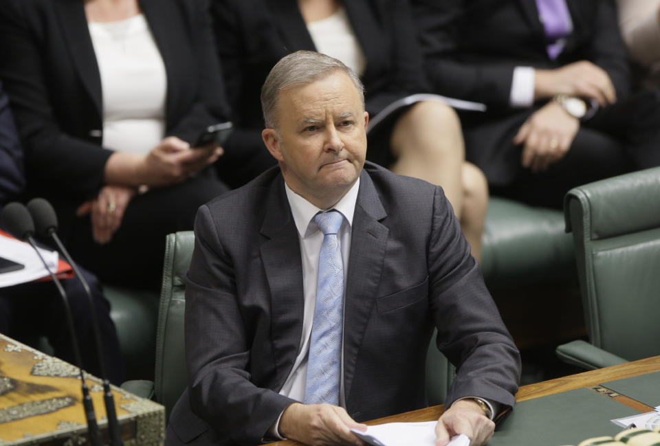 Australian opposition leader Anthony Albanese sits in Parliament in Canberra on Thursday, July 4, 2019. His party initially opposed tax cut legislation then finally voted for it, arguing that the flagging economy needed the economic stimulus. (AP Photo/Rod McGuirk)