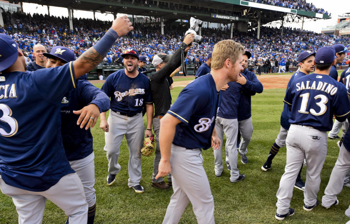 Milwaukee, WI, USA. 10th Apr, 2016. Barrelman waves to fans on the top of  dugout prior to the Major League Baseball game between the Milwaukee Brewers  and the Houston Astros at Miller