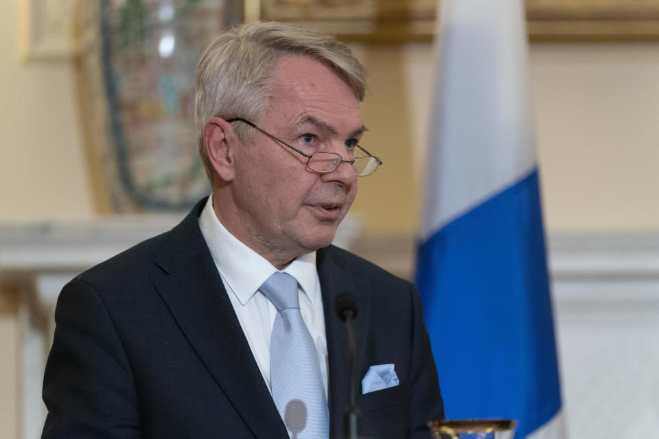 Finland's Foreign Minister Pekka Haavisto speaks during a news availability with Secretary of State Antony Blinken, after their meeting at the State Department, Friday, May 27, 2022, in Washington. (AP Photo/Alex Brandon)