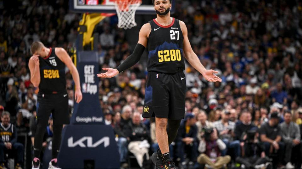 <div><a class="link " href="https://sports.yahoo.com/nba/players/5638/" data-i13n="sec:content-canvas;subsec:anchor_text;elm:context_link" data-ylk="slk:Jamal Murray;sec:content-canvas;subsec:anchor_text;elm:context_link;itc:0">Jamal Murray</a> (27) of the <a class="link " href="https://sports.yahoo.com/nba/teams/denver/" data-i13n="sec:content-canvas;subsec:anchor_text;elm:context_link" data-ylk="slk:Denver Nuggets;sec:content-canvas;subsec:anchor_text;elm:context_link;itc:0">Denver Nuggets</a> looks to the bench as <a class="link " href="https://sports.yahoo.com/nba/players/5352/" data-i13n="sec:content-canvas;subsec:anchor_text;elm:context_link" data-ylk="slk:Nikola Jokic;sec:content-canvas;subsec:anchor_text;elm:context_link;itc:0">Nikola Jokic</a> (15) wipes sweet from his face as they trail the <a class="link " href="https://sports.yahoo.com/nba/teams/la-lakers/" data-i13n="sec:content-canvas;subsec:anchor_text;elm:context_link" data-ylk="slk:Los Angeles Lakers;sec:content-canvas;subsec:anchor_text;elm:context_link;itc:0">Los Angeles Lakers</a> during the third quarter at Ball Arena in Denver on Monday, April 22, 2024. (Photo by AAron Ontiveroz/The Denver Post)</div> <strong>(Getty Images)</strong>