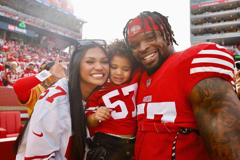 <p>Mikaela Gallagher/ Instagram</p> Pregnant Mikaela Gallagher Cheers and Son Kamari Support Dre Greenlaw at Super Bowl 2024