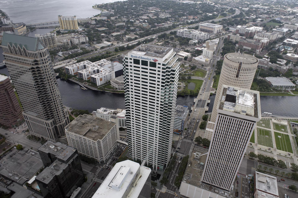 In this aerial image, the city of Tampa, Fla., is seen Monday, Sept. 26, 2022. Hurricane Ian was growing stronger as it barreled toward Cuba on a track to hit Florida's west coast as a major hurricane as early as Wednesday. It's been more than a century since a major storm like Ian has struck the Tampa Bay area, which blossomed from a few hundred thousand people in 1921 to more than 3 million today. (DroneBase via AP)