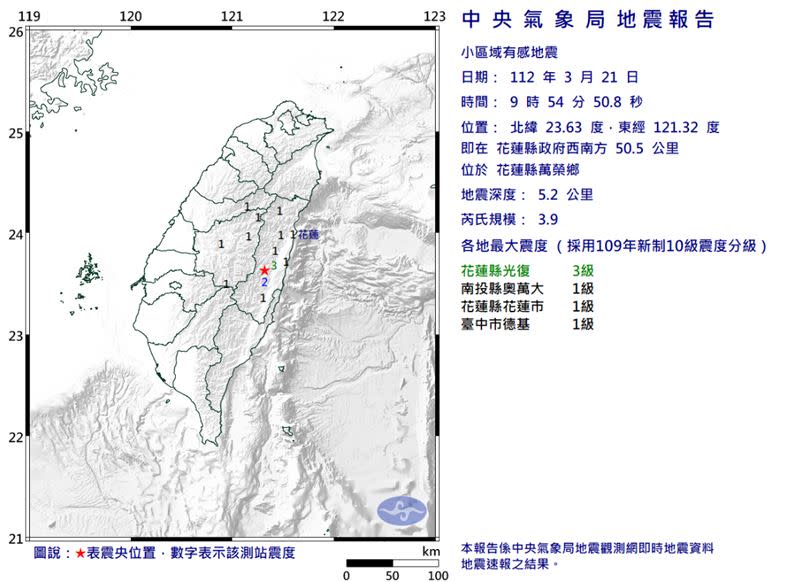 早上9點45分、9點54分接連發生有感地震。（圖／中央氣象局）