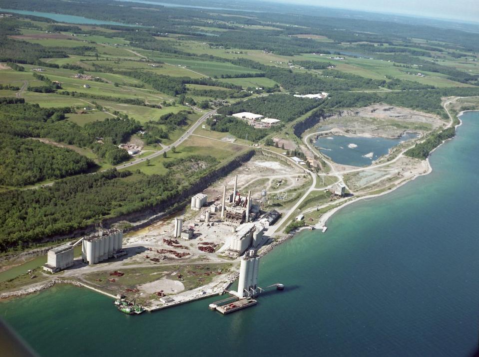 This aerial photo shows early development of the Bay Harbor property and remnants of the former Penn-Dixie Cement Co. plant.