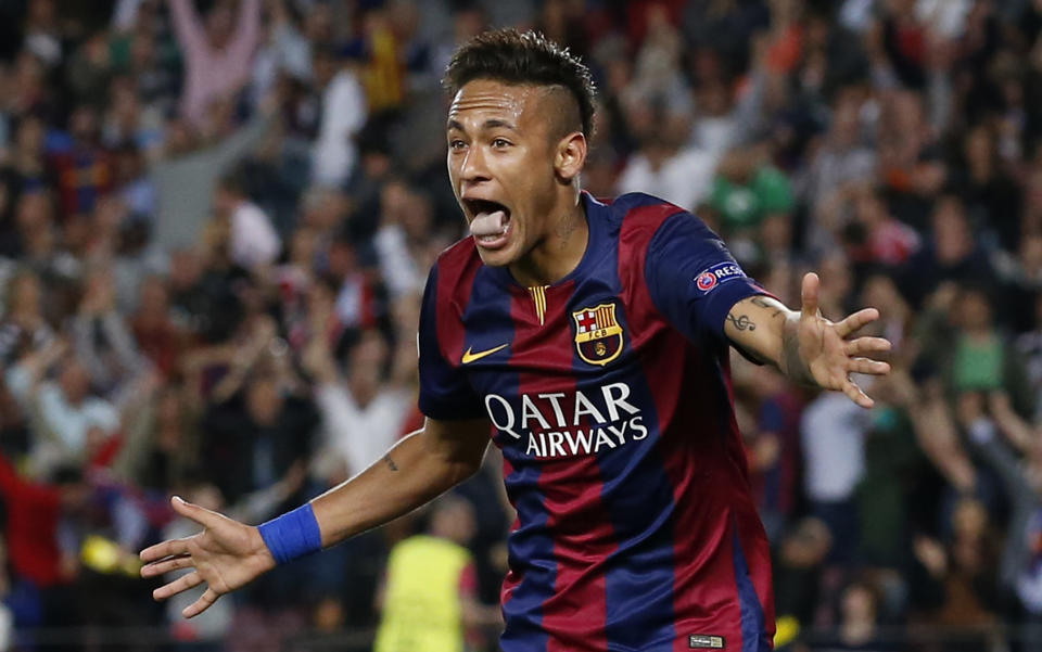 Football: Barcelona's Neymar celebrates after scoring their third goal