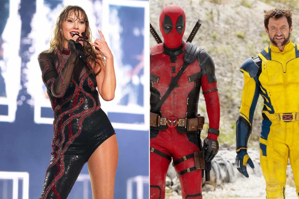 <p>John Shearer/TAS24/Getty; Jay Maidment/20th Century Studio/Marvel</p> (Left-right:) Taylor Swift on June 2; Ryan Reynolds and Hugh Jackman in 