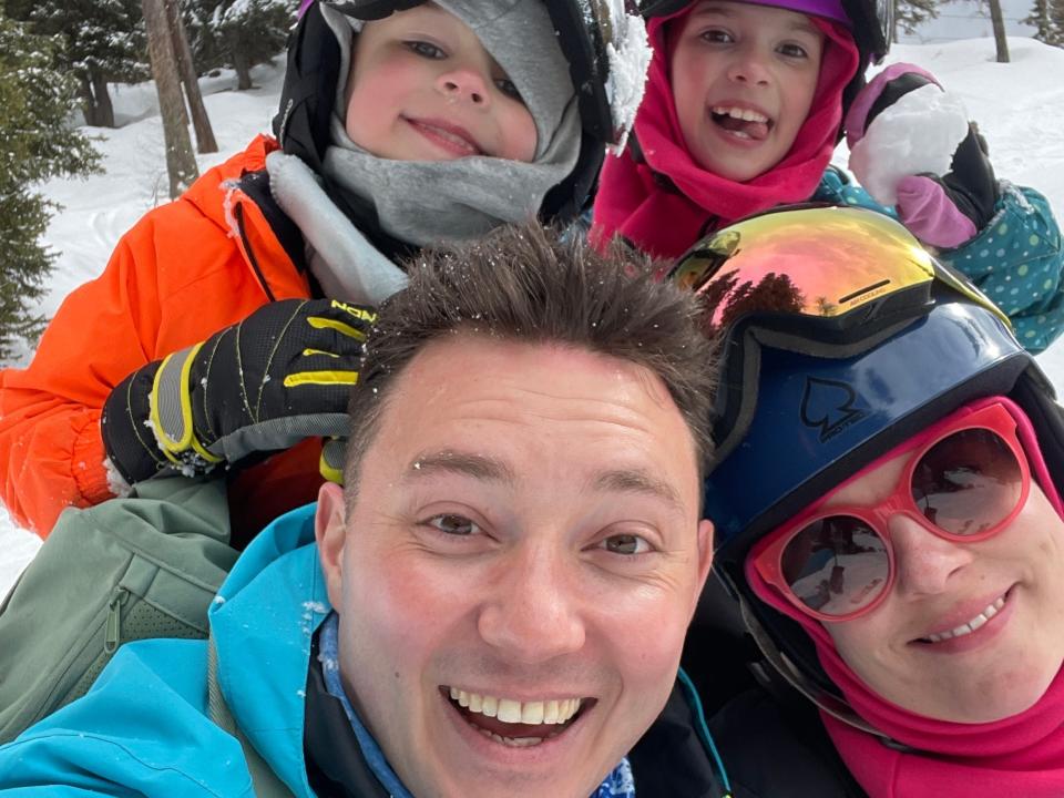 The four members of the Flinn-Allen pose for a selfie on a recent skiing vacation.