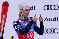 Second placed United States' Mikaela Shiffrin gives the thumb up sign after completing an alpine ski, women's World Cup slalom, in Spindleruv Mlyn, Czech Republic, Sunday, Jan. 29, 2023. (AP Photo/Piermarco Tacca)