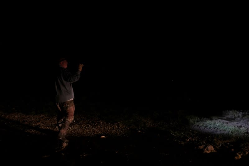 Thomas Aycock uses a flashlight as he explores the Everglades' swamps looking for Burmese pythons, in Ochopee
