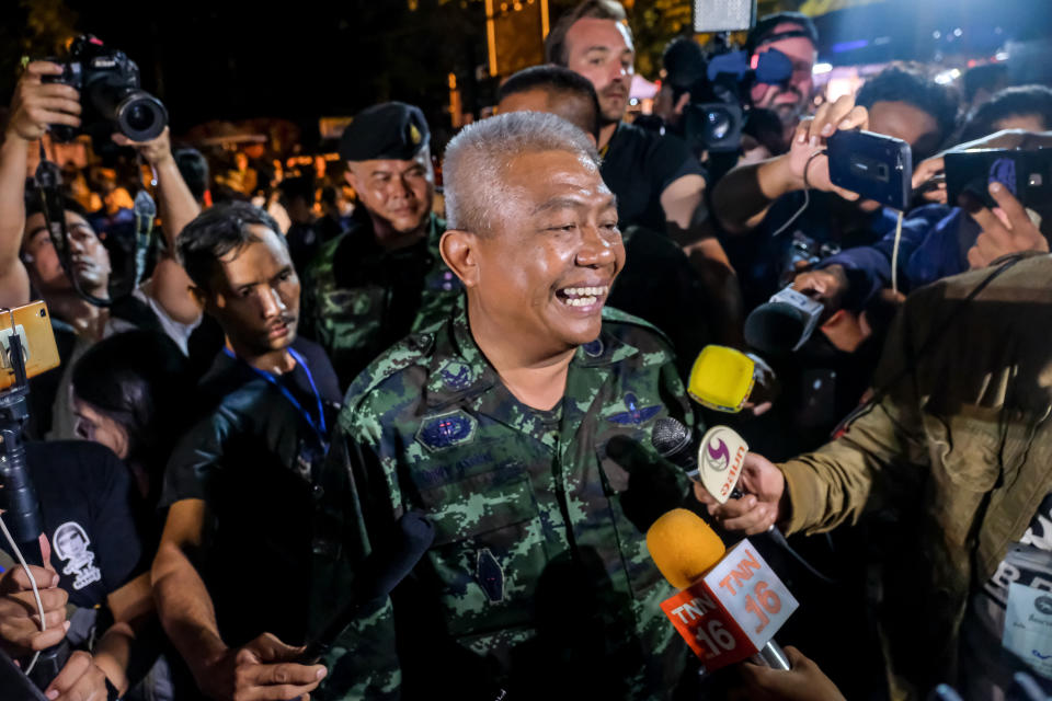 <p>Gen. Bancha Duriyaphan talks to the press after 12 boys and their soccer coach were found alive in the cave where they’d been lost for over a week after monsoon rains blocked the main entrance. The photo was taken on July 02, 2018, in Chiang Rai, Thailand. (Photo: Linh Pham/Getty Images) </p>