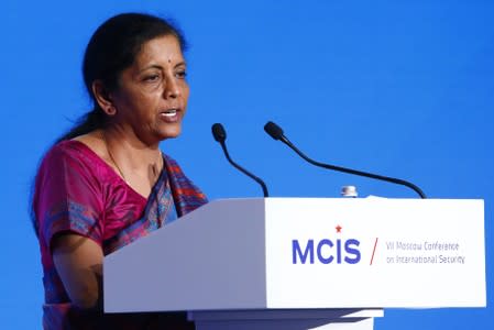Indian Defence Minister Nirmala Sitharaman delivers a speech during the annual Moscow Conference on International Security in Moscow