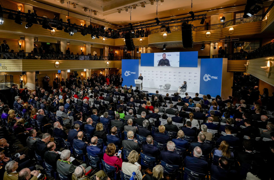 Ukrainian President Volodymyr Zelenskyy delivers a speech at the Munich Security Conference at the Bayerischer Hof Hotel in Munich, Germany, Saturday, Feb. 17, 2024. The 60th Munich Security Conference (MSC) is taking place from Feb. 16 to Feb. 18, 2024. (AP Photo/Matthias Schrader)