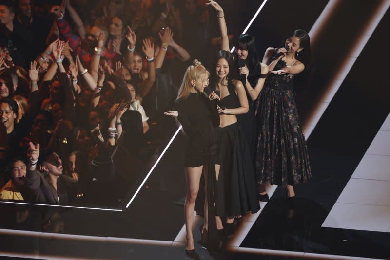 Blackpink speaks on the stage at theMTV Video Music Awards at the Prudential Center in Newark, N.J., in 2022. File Photo by John Angelillo/UPI