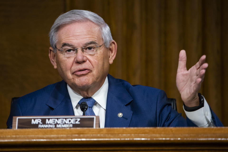 WASHINGTON, DC - JULY 30: Sen. Bob Menendez (D-NJ) questions U.S. Secretary of State Mike Pompeo during a Senate Foreign Relations committee hearing on the State Department's 2021 budget in the Dirksen Senate Office Building on July 30, 2020 in Washington, DC. (Photo by Jim Lo Scalzo-Pool/Getty Images)