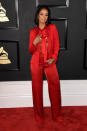 <p>A scorching red silk suit from Mya. </p>