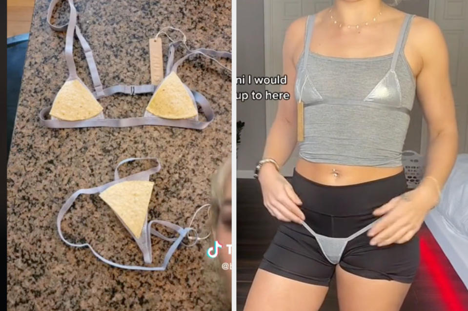 Sarita's set on a granite counter with tortilla chips on top of the bralette and thong