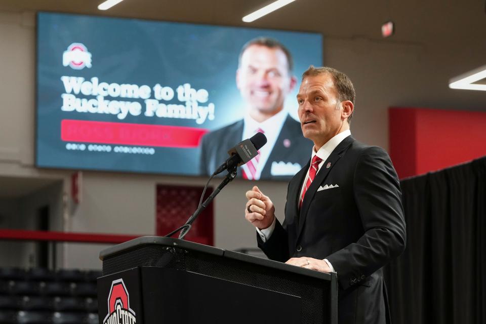 Jan 17, 2024; Columbus, OH, USA; Ross Bjork speaks during an introductory press conference for Ohio State University’s new athletic director at the Covelli Center.