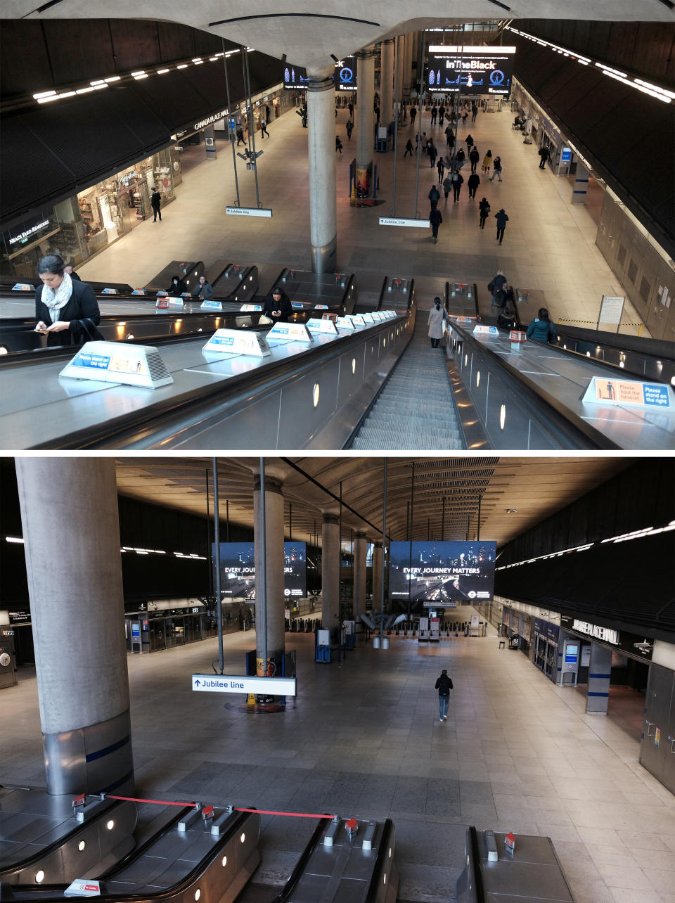 A composite image of London's Canary Wharf Station on 17/03/20 (top), and on Tuesday 24/03/20 (bottom), the day after Prime Minister Boris Johnson put the UK in lockdown to help curb the spread of the coronavirus.