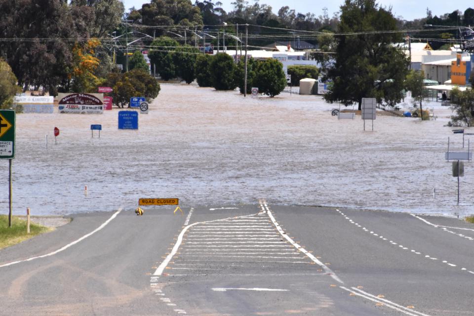 The Newell Highway underwater, just north of the Forbes township on Wednesday. Source: AAP