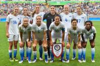 <p>United States poses for a photo during the Women’s Group F first round match between United States and France during Day 1 of the Rio 2016 Olympic Games at Mineirao Stadium on August 6, 2016 in Belo Horizonte, Brazil. (Photo by Pedro Vilela/Getty Images) </p>