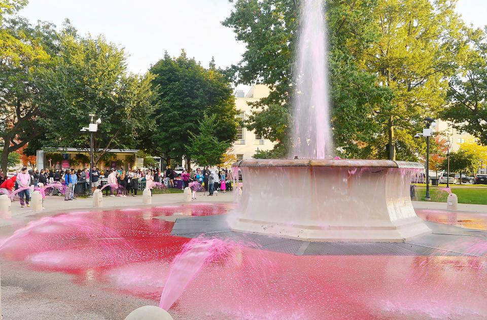 Breast cancer survivors with friends and family, back left, gather in east Perry Square to watch the fountain turned pink with water and lights to kick off Breast Cancer Awareness Month in this 2022 file photo. This year's event is scheduled for Thursday at 6 p.m.