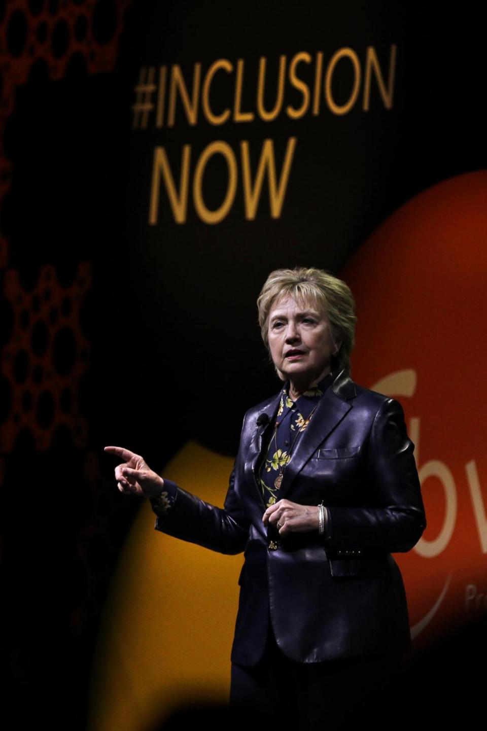 Clinton gestures while speaking before the Professional BusinessWomen of California on Tuesday (AP)