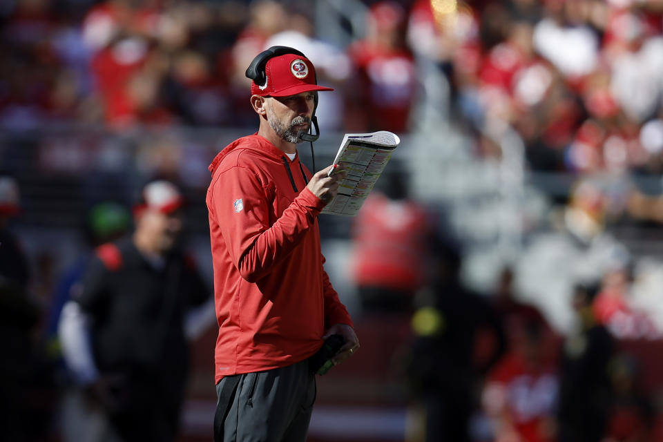 San Francisco 49ers head coach Kyle Shanahan watches from the sideline during the first half of his team's NFL football game against the Kansas City Chiefs in Santa Clara, Calif., Sunday, Oct. 23, 2022. (AP Photo/Jed Jacobsohn)