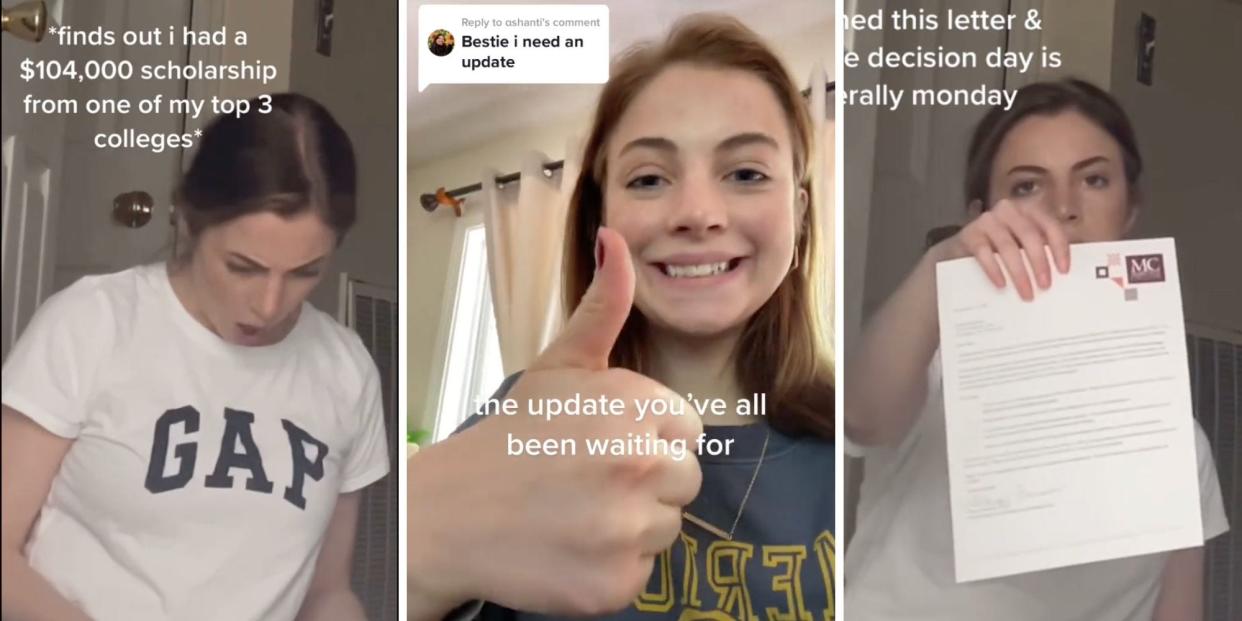 A composite of screenshots from a TikTok where a woman is seen sitting in front of her closet while reading a letter next to a screenshot of her smiling with her thumb up and another screenshot of her holding up the college-acceptance letter.