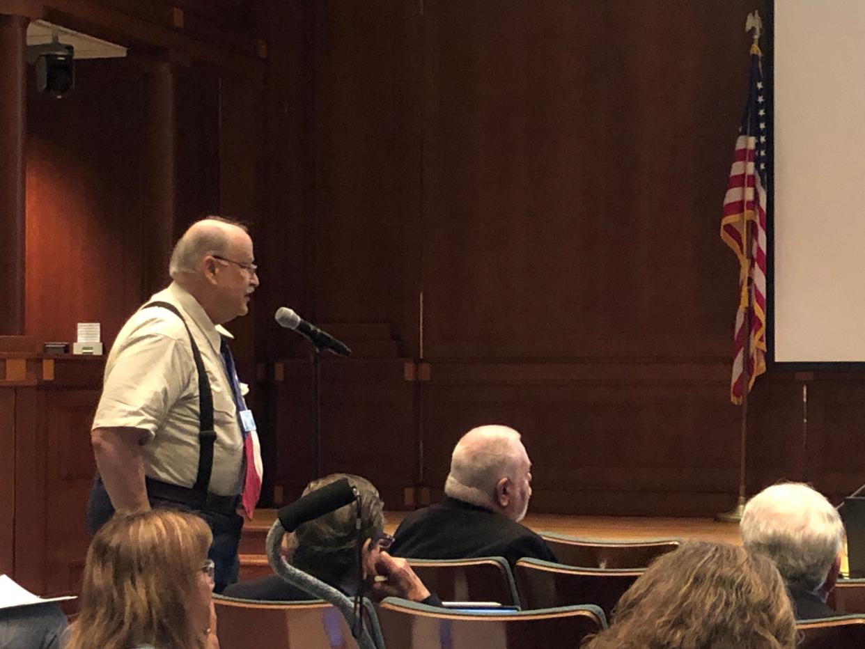 Ira Wilsker, a Beaumont-area representative in the Texas Silver-Haired Legislature, addresses the group Monday in an auditorium in the Texas Capitol complex. Members of the Texas Silver-Haired Legislature research and vote on policy proposals to send to the Texas Legislature to improve life for older adults.