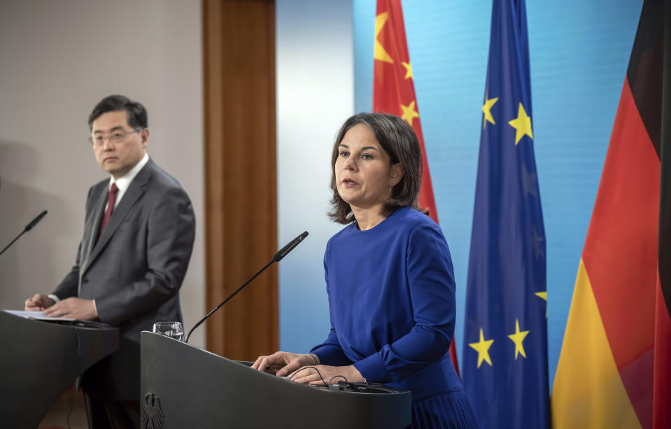 Germany's Foreign Minister, Annalena Baerbock, right, and her counterpart, Qin Gang, Foreign Minister of China, attend a press conference after bilateral talks at the Federal Foreign Office in Berlin, Tuesday, May 9, 2023. (Michael Kappeler/Pool photo via AP)