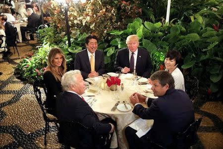 Japanese Prime Minister Shinzo Abe and his wife Akie Abe attend dinner with U.S. President Donald Trump and his wife Melania at Mar-a-Lago Club in Palm Beach, Florida U.S., February 10, 2017. REUTERS/Carlos Barria