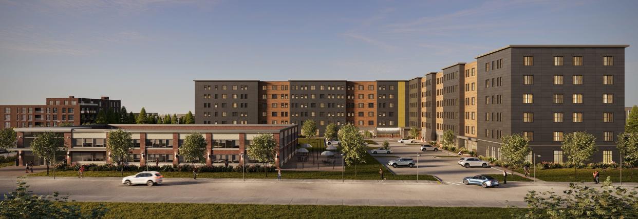 This rendering shows a proposed 6-story mixed-use apartment building with 178 units, mostly two and three bedrooms, proposed for 220 Blackstone St. in Upper South Providence.