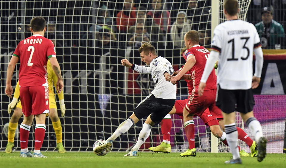 Germany's Toni Kroos scores his side's 4th goal during the Euro 2020 group C qualifying soccer match between Germany and Belarus in Moenchengladbach, Germany, Saturday, Nov. 16, 2019. (AP Photo/Martin Meissner)