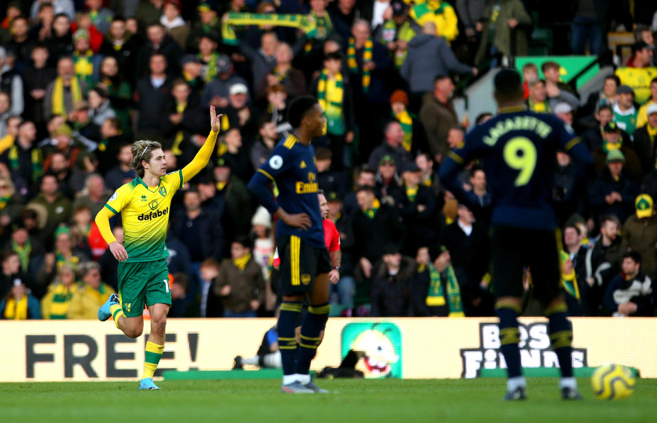 Norwich City's Todd Cantwell celebrates scoring his side's second goal of the game. (Credit: Getty Images)