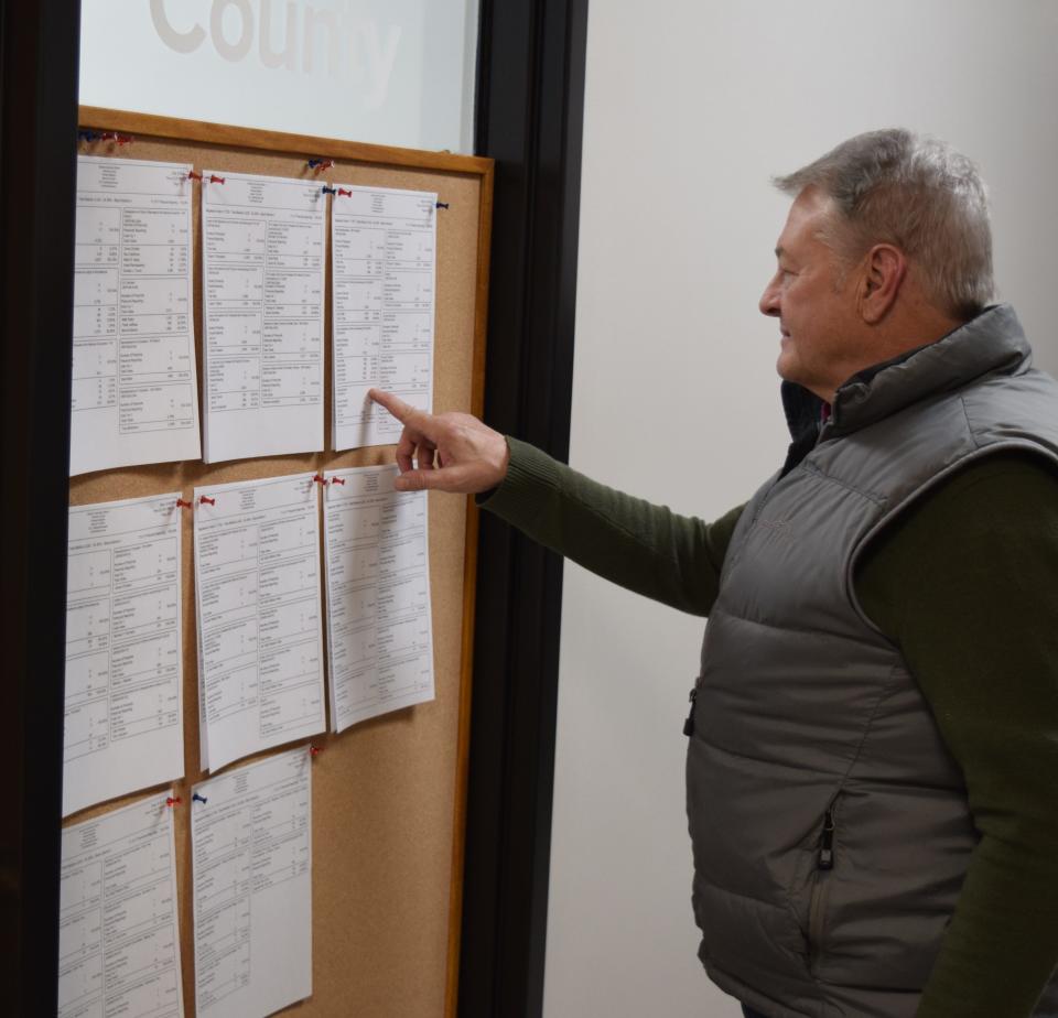 Newly elected Holmes County Commissioner Eric Strouse looks over the final numbers posted at the Holmes County Board of Elections Tuesday night. Strouse pulled out a narrow win over a field of five candidates.