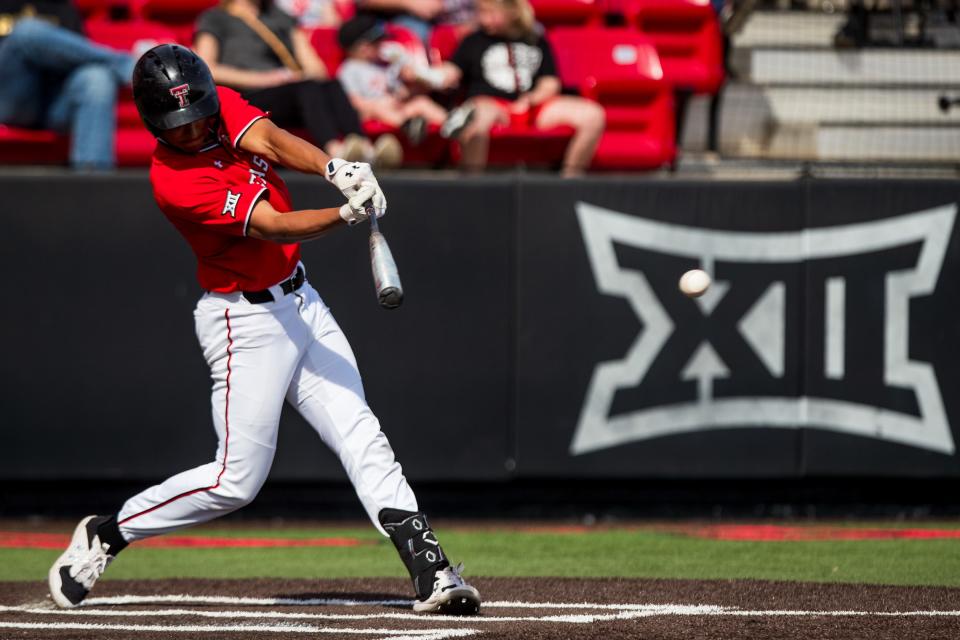 Texas Tech left fielder Damian Bravo squares up a ball during a game earlier this season. Bravo, the Big 12 leader in four offensive categories, left a game Sunday at Baylor and was not in the starting lineup for the series finale.