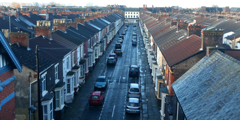 Terraced houses and rooftops in Everton, Liverpool, Merseyside