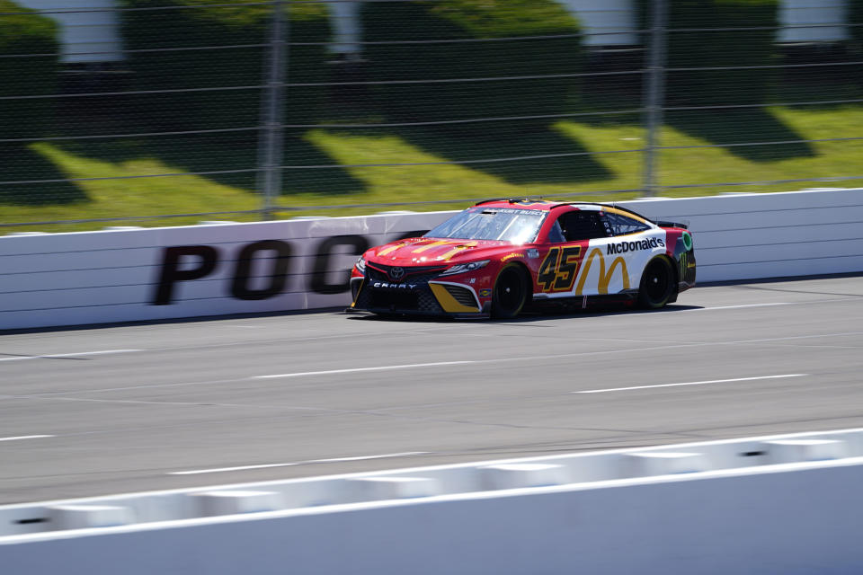 Kurt Busch drives down the front stretch during qualifying for the NASCAR Cup Series auto race at Pocono Raceway, Saturday, July 23, 2022, in Long Pond, Pa. (AP Photo/Matt Slocum)