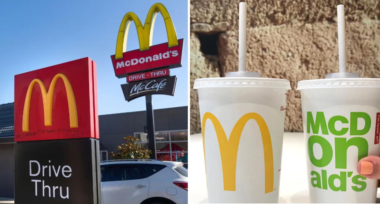 A McDonald's restaurant (left) with two drinks (right). 