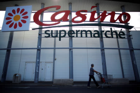 FILE PHOTO - A logo of French retailer Casino is pictured outside a Casino supermarket in Nantes, France, July 20, 2017. REUTERS/Stephane Mahe/File Photo