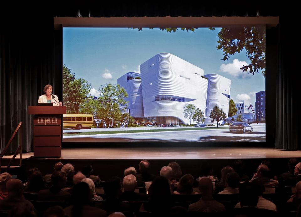 Dr. Ellen Censky, President & CEO of the Milwaukee Public Museum, shows a rendering of the new design for the museum on Monday, July 18, 2022 in Milwaukee.