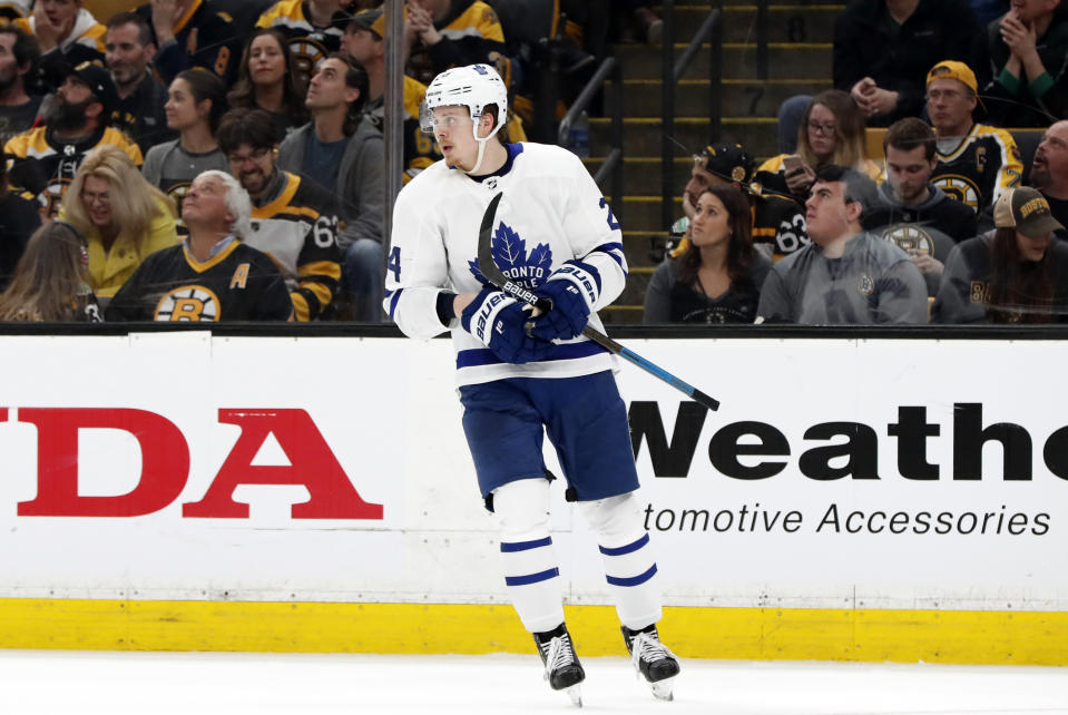 BOSTON, MA - APRIL 19: Toronto Maple Leafs right wing Kasperi Kapanen (24) during Game 5 of the First Round Stanley Cup Playoffs between the Boston Bruins and the Toronto Maple Leafs on April 19, 2019, at TD garden in Boston, Massachusetts. (Photo by Fred Kfoury III/Icon Sportswire via Getty Images)