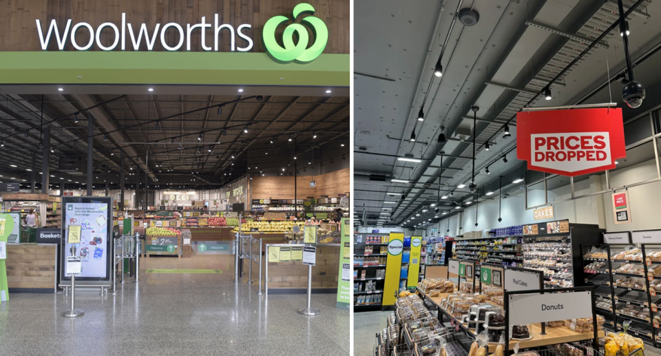 Left, a stock image of a Woolworths storefront. Right, over ten CCTV cameras are spotted on the ceiling in one section of a Woolies store. 