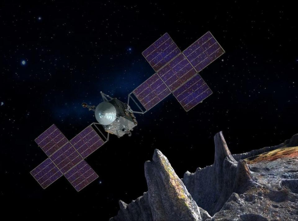 Artist’s concept illustration depicting the spacecraft of NASA’s Psyche mission near the mission’s target, the metal asteroid Psyche.