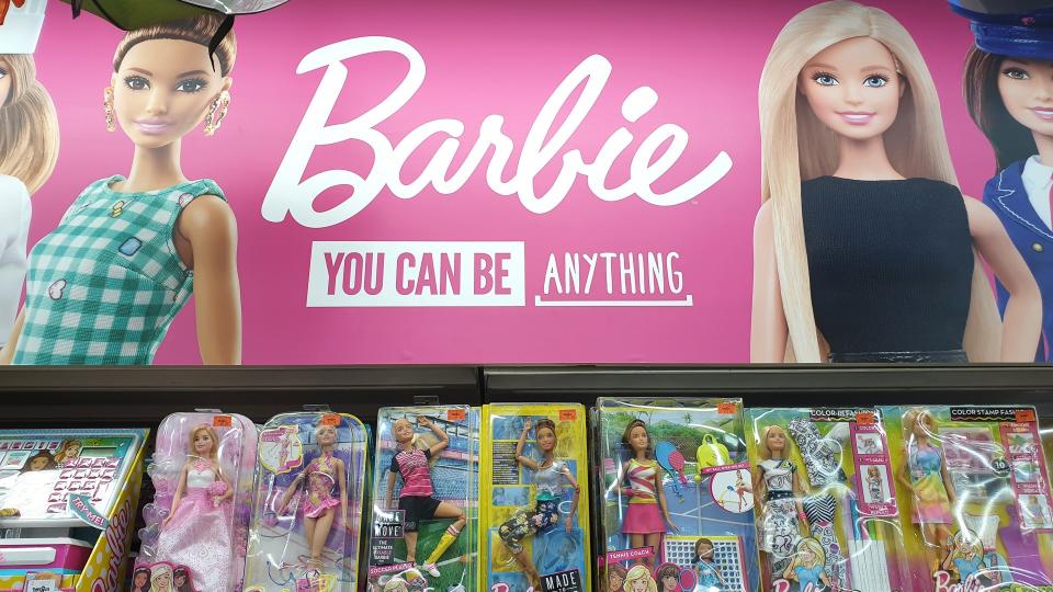 Barbie on shelf from brand Mattel